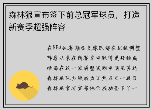 森林狼宣布签下前总冠军球员，打造新赛季超强阵容