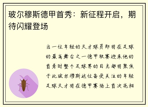 玻尔穆斯德甲首秀：新征程开启，期待闪耀登场